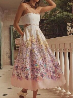 Zimmermann White Floral Scalloped Midi Dress with Pink & Yellow Accents